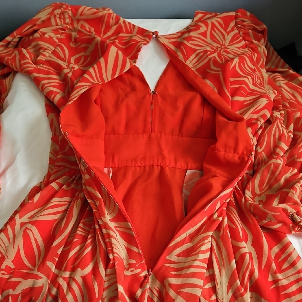 Elegant Orange Leaf Print Long Sleeve Dress - Picture 11 of 17